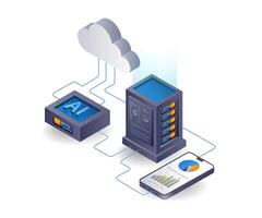 artificial inteligencia nube servidor teléfono inteligente análisis, plano isométrica 3d ilustración vector