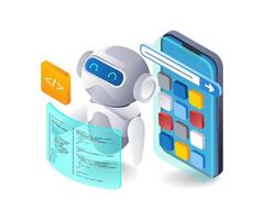 AI robot builds smartphone application web, flat isometric 3d illustration vector