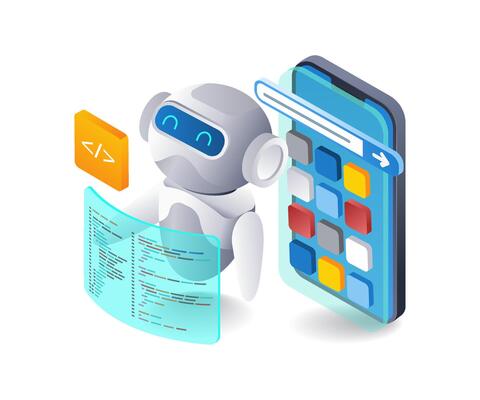 AI robot builds smartphone application web, flat isometric 3d illustration