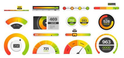 medidores medición escala. Progreso bar y tacómetro marca, energía nivel y velocímetro, calidad clasificación y Puntuación infografía. vector conjunto