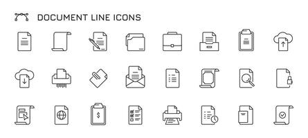 Document line icons. Thin paper and envelope with stamp, legal agreement and contract, paper with signature and seal. Vector isolated set