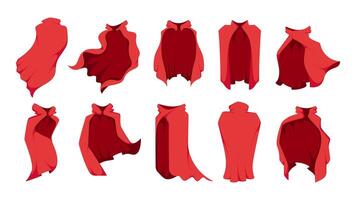 Cartoon red cloak. Flat comic mantle shawl fabric costume, elegant silk satin velvet robe for carnival hero character. Vector isolated set