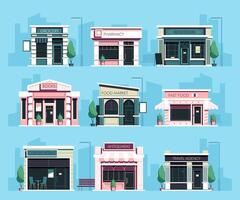 Store front. Cartoon local shop facade with window and door, small retail business exterior with showcase and awning. Vector storefront set