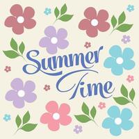 Summer time lettering. Floral frame. Summer floral square background. Vector template for card, banner, invitation, social media post, poster, mobile apps, web ads