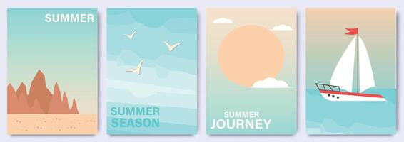 resumen mínimo verano póster, cubrir, tarjeta conjunto con naturaleza paisaje, sol, avión en el nubes, yate en el mar, campos y tipografía diseño. verano vacaciones, viaje, vacaciones viaje ilustraciones vector