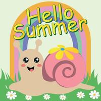 Hello summer. Summer cartoon background, banner, poster with summer flowers and cute smilling snail character and rainbow. Modern trendy colorful design. Template for advertising, web, social media. vector