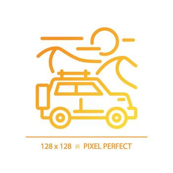 Desert jeep ride gradient linear vector icon. Dune bashing. Desert buggy. Touristic adventure. Thin line color symbol. Modern style pictogram. Vector isolated outline drawing