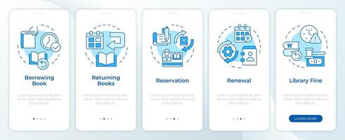 Book circulation blue onboarding mobile app screen. Walkthrough 5 steps editable graphic instructions with linear concepts. UI, UX, GUI template. Montserrat Semibold, Regular fonts used vector
