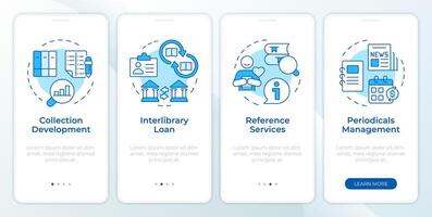 Interlibrary operations blue onboarding mobile app screen. Walkthrough 4 steps editable graphic instructions with linear concepts. UI, UX, GUI template. Montserrat Semibold, Regular fonts used vector