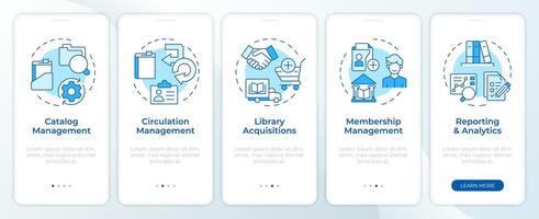 Library customer service blue onboarding mobile app screen. Walkthrough 5 steps editable graphic instructions with linear concepts. UI, UX, GUI template. Montserrat Semibold, Regular fonts used vector