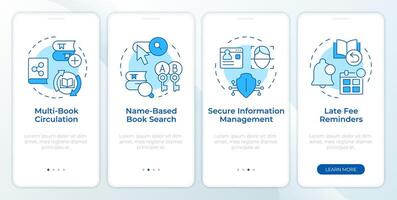 RFID book management blue onboarding mobile app screen. Walkthrough 4 steps editable graphic instructions with linear concepts. UI, UX, GUI template. Montserrat Semibold, Regular fonts used vector