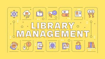 Library management yellow word concept. Books and materials. Security measures, information secure. Typography banner. Vector illustration with title text, editable icons color. Hubot Sans font used