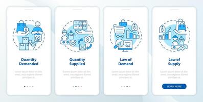 Demand and supply keys blue onboarding mobile app screen. Quantity market walkthrough 4 steps graphic instructions with linear concepts. UI, UX, GUI template vector