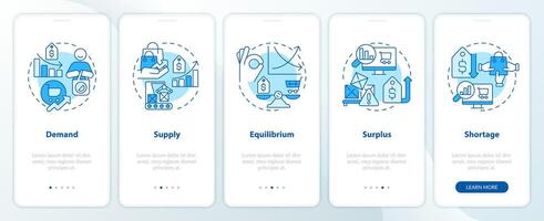 Market economic blue onboarding mobile app screen. Law of supply and demand walkthrough 5 steps graphic instructions with linear concepts. UI, UX, GUI template vector