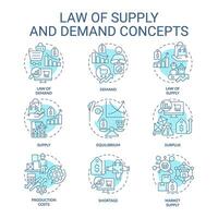 Law of supply soft blue concept icons. Price, quantity of goods, services in market. Supply and demand. Icon pack. Vector images. Round shape illustrations for brochures in marketing. Abstract idea