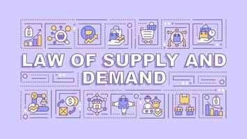 Supply and demand laws purple word concept. Market economics principles. Typography banner. Flat design. Vector illustration with title text, editable line icons. Ready to use