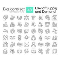 Microeconomics principles linear icons set. Law of supply and demand. Goods determined by supply and demand. Customizable thin line symbols. Isolated vector outline illustrations. Editable stroke