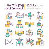 Market economics principles RGB color icons set. Law of supply and demand. Production costs. Isolated vector illustrations. Simple filled line drawings collection. Editable stroke