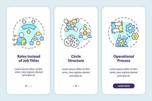 Holacracy essential elements onboarding mobile app screen. Governance walkthrough 3 steps editable graphic instructions with linear concepts. UI, UX, GUI template vector