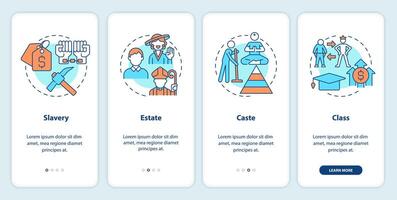 Types of social stratification onboarding mobile app screen. Walkthrough 4 steps editable graphic instructions with linear concepts. UI, UX, GUI template vector