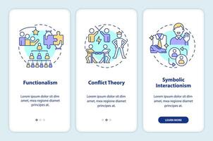 Theories of social stratification onboarding mobile app screen. Walkthrough 3 steps editable graphic instructions with linear concepts. UI, UX, GUI template vector