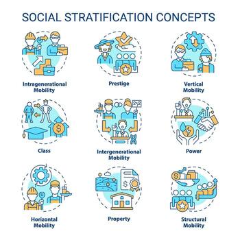 Social stratification and mobility multi color concept icons. Socioeconomic status. Society structure. Icon pack. Vector images. Round shape illustrations. Abstract idea. Easy to use in article