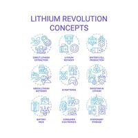 Lithium revolution blue gradient concept icons. Battery manufacturing, usability. Efficiency energy solution. Icon pack. Vector images. Round shape illustrations for brochure, booklet. Abstract idea