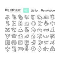 Lithium revolution linear icons set. Advanced battery systems. Aerospace power supply. Energy transition. Customizable thin line symbols. Isolated vector outline illustrations. Editable stroke