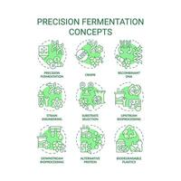 Precision fermentation green concept icons. Food genetic modification. Artificial selection. Synthetic biology, biotechnology. Icon pack. Vector images. Round shape illustrations. Abstract idea