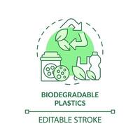 Biodegradable plastics green concept icon. Biopolymers recycling, pollution reduce. Environment preservation. Round shape line illustration. Abstract idea. Graphic design. Easy to use in vector