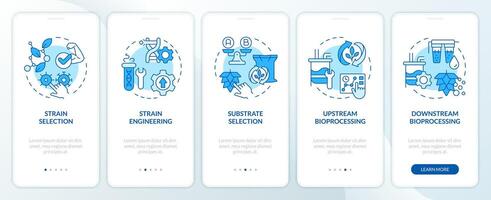 Precision fermentation steps blue onboarding mobile app screen. Walkthrough 5 steps editable graphic instructions with linear concepts. UI, UX, GUI template vector