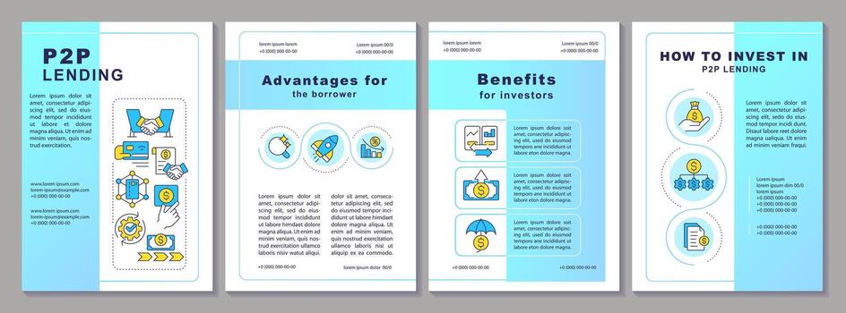 P2P lending brochure template. Benefits for investors and borrowers. Leaflet design with linear icons. Editable 4 vector layouts for presentation, annual reports