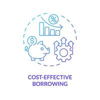 Cost-effective borrowing blue gradient concept icon. Lower interest rates for loan. Accumulation. Finance charge. Round shape line illustration. Abstract idea. Graphic design. Easy to use in marketing vector