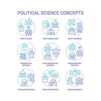 Political science blue gradient concept icons. Government structure, social politics. Democracy ideology, law regulation. Icon pack. Vector images. Round shape illustrations. Abstract idea