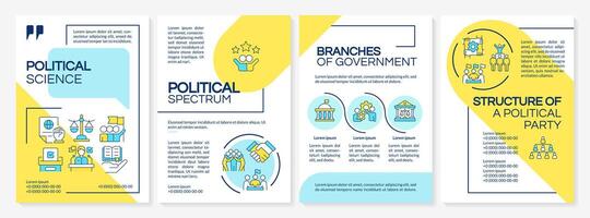 Political science blue and yellow brochure template. Leaflet design with linear icons. Editable 4 vector layouts for presentation, annual reports. Questrial-Regular, Myriad Pro-Regular fonts used