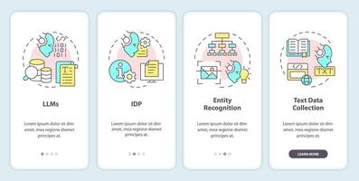 Artificial text processing onboarding mobile app screen. Walkthrough 4 steps editable graphic instructions with linear concepts. UI, UX, GUI template vector