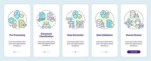 Document processing stages onboarding mobile app screen. Walkthrough 5 steps editable graphic instructions with linear concepts. UI, UX, GUI template vector