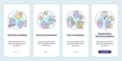 Document analysis onboarding mobile app screen. Text processing. Walkthrough 4 steps editable graphic instructions with linear concepts. UI, UX, GUI template vector