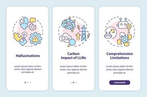 LLM limitations onboarding mobile app screen. Artificial intelligence. Walkthrough 3 steps editable graphic instructions with linear concepts. UI, UX, GUI template vector