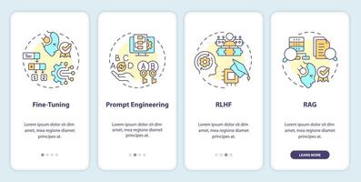 LLM tuning methods onboarding mobile app screen. Machine learning. Walkthrough 4 steps editable graphic instructions with linear concepts. UI, UX, GUI template vector