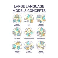 Large language models multi color concept icons. Virtual assistance, machine learning. Icon pack. Vector images. Round shape illustrations for infographic, presentation. Abstract idea