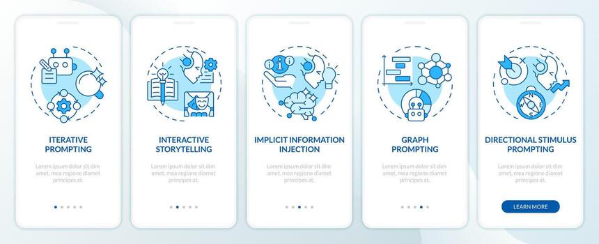 Prompt engineering strategies blue onboarding mobile app screen. Walkthrough 5 steps editable graphic instructions with linear concepts. UI, UX, GUI template vector