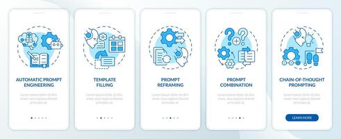 Prompt engineering techniques blue onboarding mobile app screen. Walkthrough 5 steps editable graphic instructions with linear concepts. UI, UX, GUI template vector