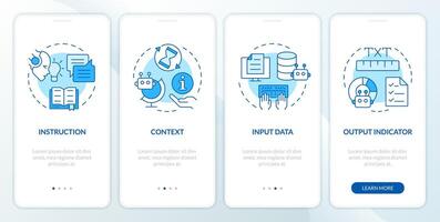 Prompt key elements blue onboarding mobile app screen. Walkthrough 4 steps editable graphic instructions with linear concepts. UI, UX, GUI template vector