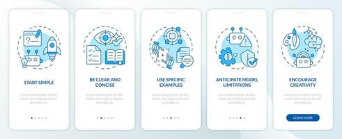 Designing prompt steps blue onboarding mobile app screen. Walkthrough 5 steps editable graphic instructions with linear concepts. UI, UX, GUI template vector