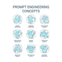 Prompt engineering soft blue concept icons. Design instructions for ai model. Test and optimize tasks. Chatbot interaction. Icon pack. Vector images. Round shape illustrations. Abstract idea