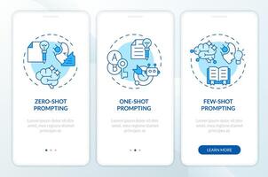 Prompt engineering methods blue onboarding mobile app screen. Walkthrough 3 steps editable graphic instructions with linear concepts. UI, UX, GUI template vector