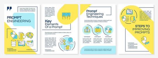 Prompt engineering blue and yellow brochure template. Leaflet design with linear icons. Editable 4 vector layouts for presentation, annual reports. Lato, Questrial-Regular fonts used
