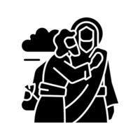 Kiss of Judas black glyph icon. Jesus Christ betrayed by Judas Iscariot. Treacherous disciple. Biblical scene. Silhouette symbol on white space. Solid pictogram. Vector isolated illustration