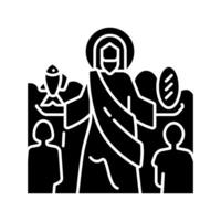 Feeding of five thousands black glyph icon. Jesus Christ feeds multitude. Biblical scene. New testament. Silhouette symbol on white space. Solid pictogram. Vector isolated illustration